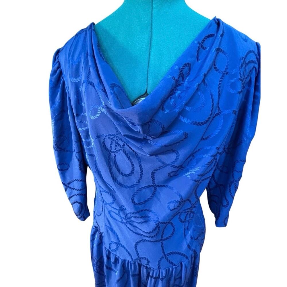 1980s Pauline Trigère Cobalt Silk Jacquard Dress 44” Bust Power Shoulders USA - Picture 5 of 10